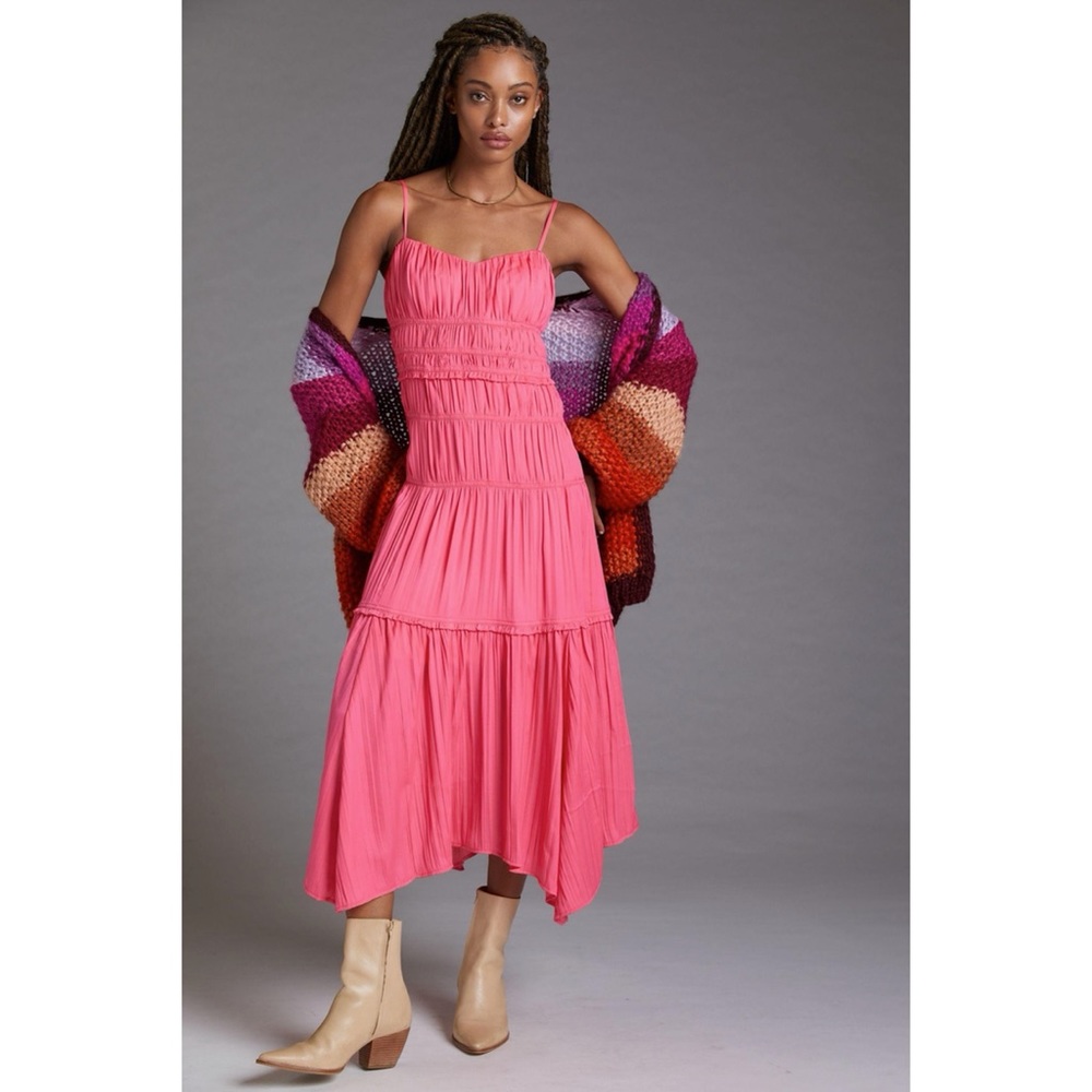 Anthropologie ruched slip tiered maxi dress in raspberry